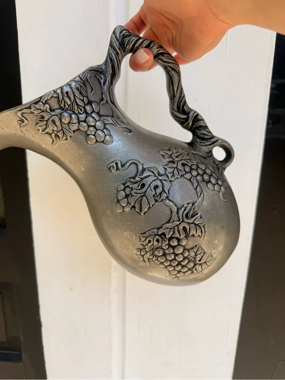 Ornate Grape Relief Pitcher in Antique Pewter Finish